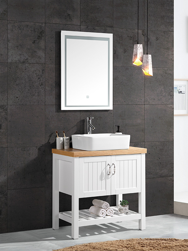 80CM Mobile da bagno a terra con lavabo in ceramica, top in legno