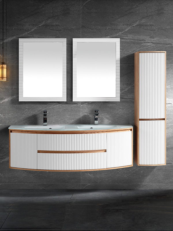 Set di mobili da bagno sospesi a parete con doppio lavabo in vetro da 150 cm, con foro troppopieno