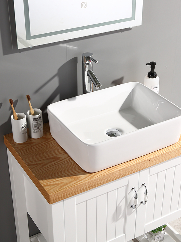 80CM Mobile da bagno a terra con lavabo in ceramica, top in legno