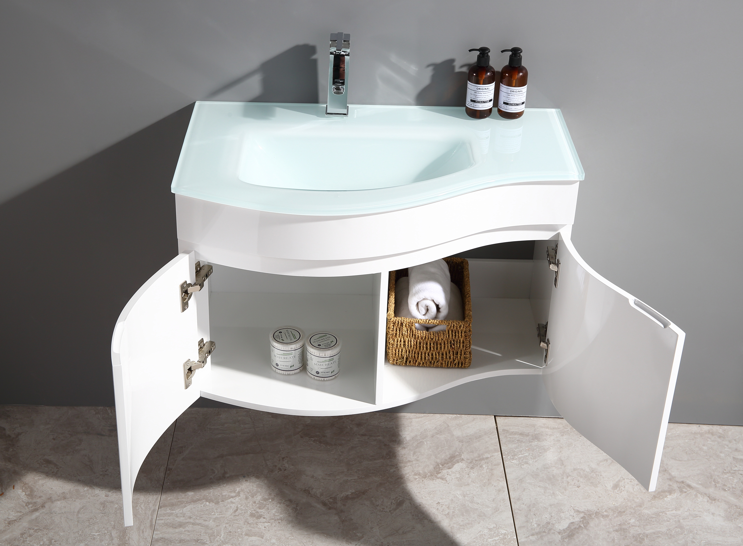 Mobile bagno sospeso con specchio LED lavabo in vetro