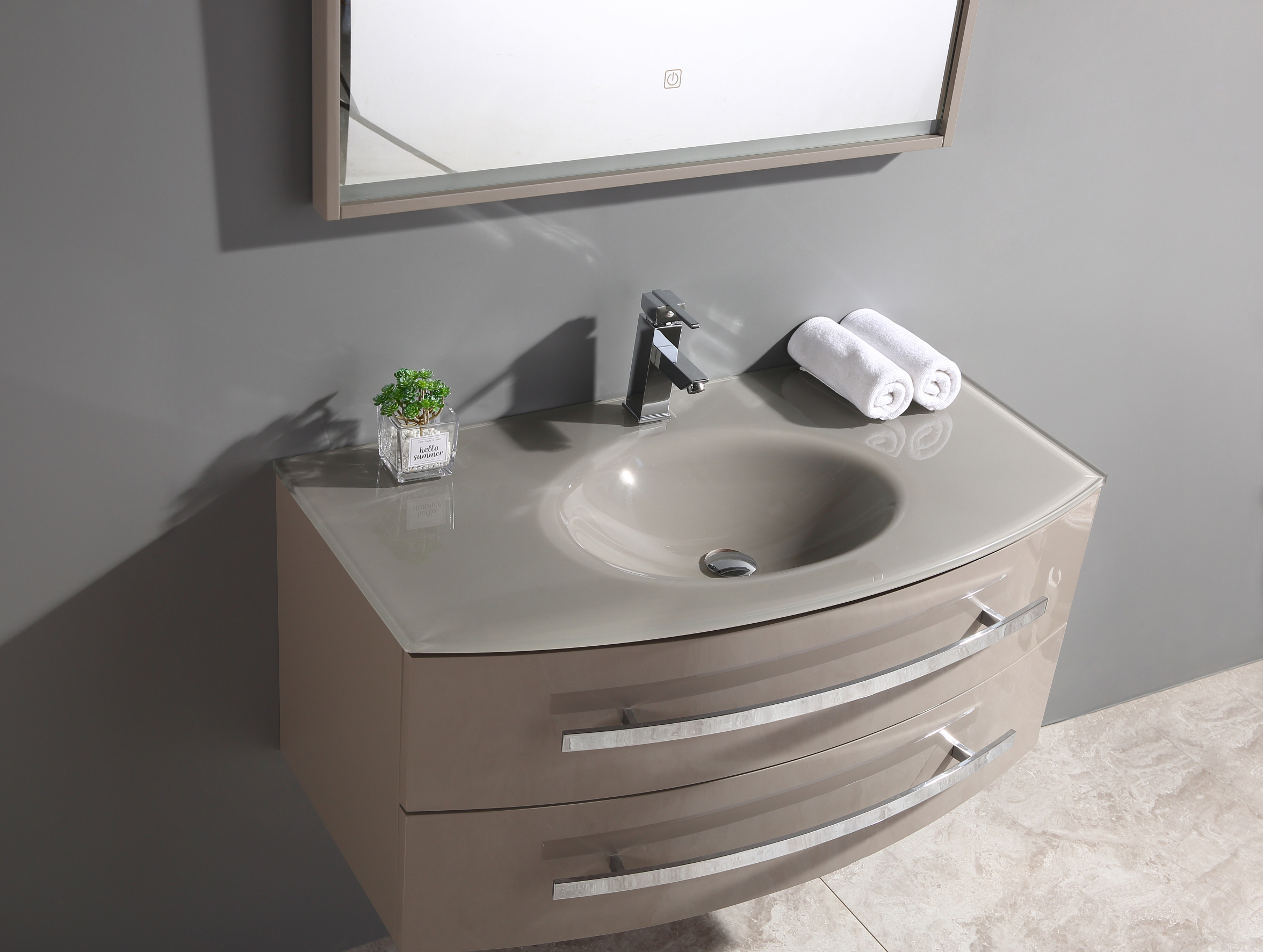 Mobile bagno sospeso con specchio LED lavabo in vetro