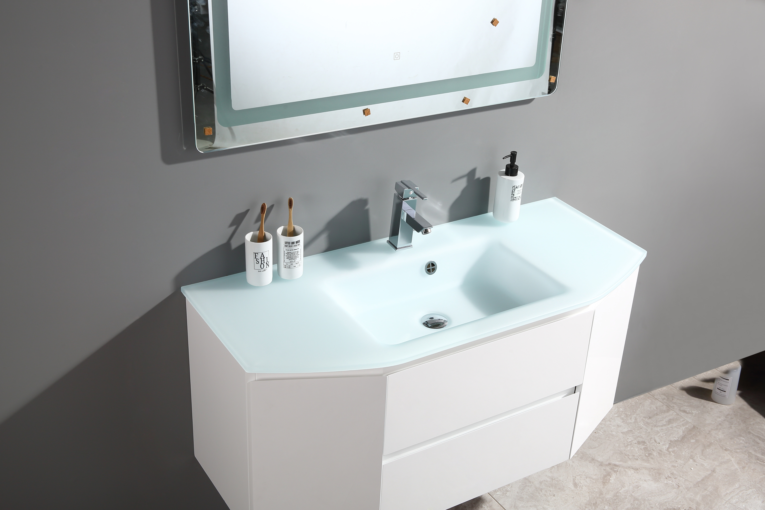 Mobile bagno sospeso con specchio LED lavabo in vetro