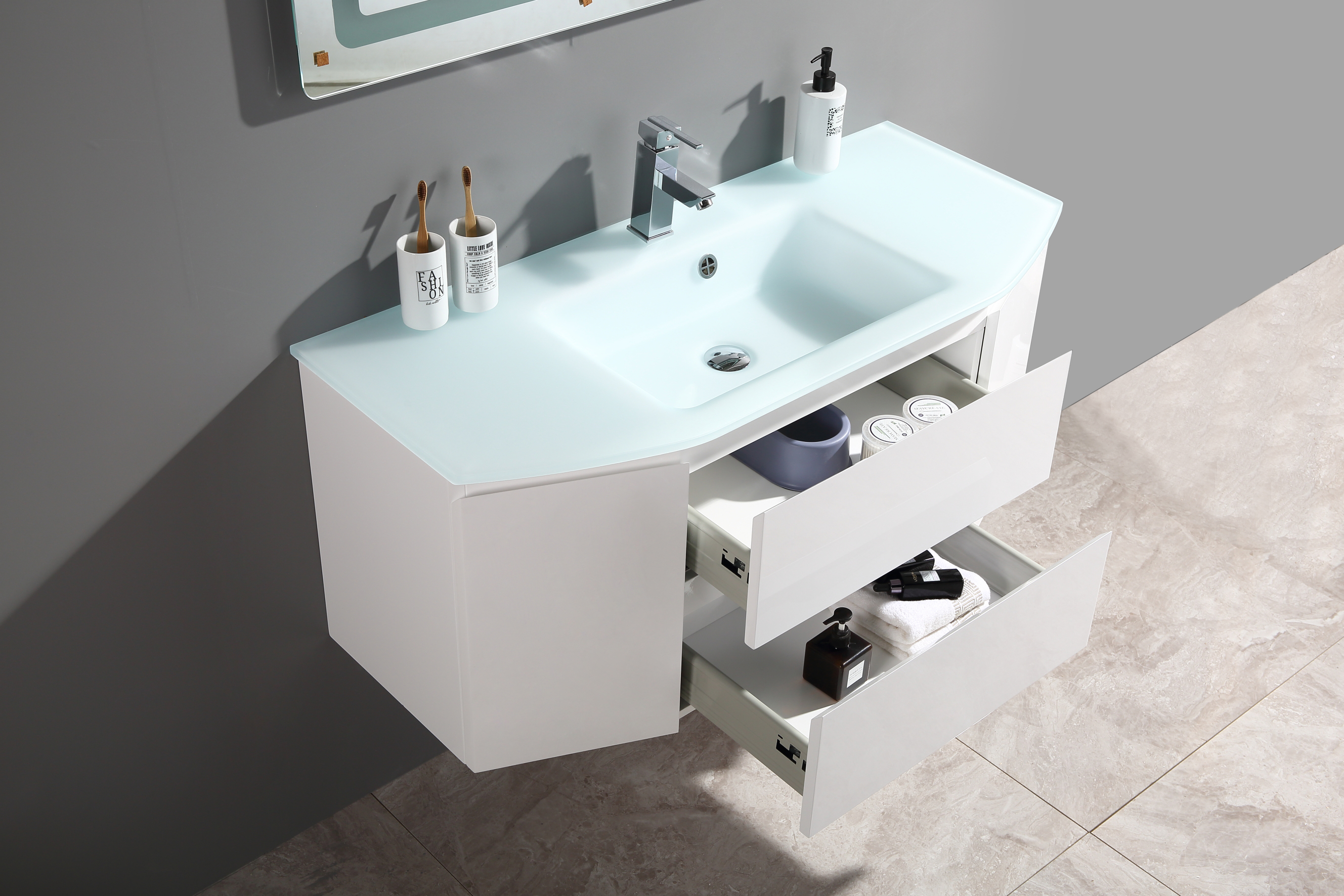 Mobile bagno sospeso con specchio LED lavabo in vetro