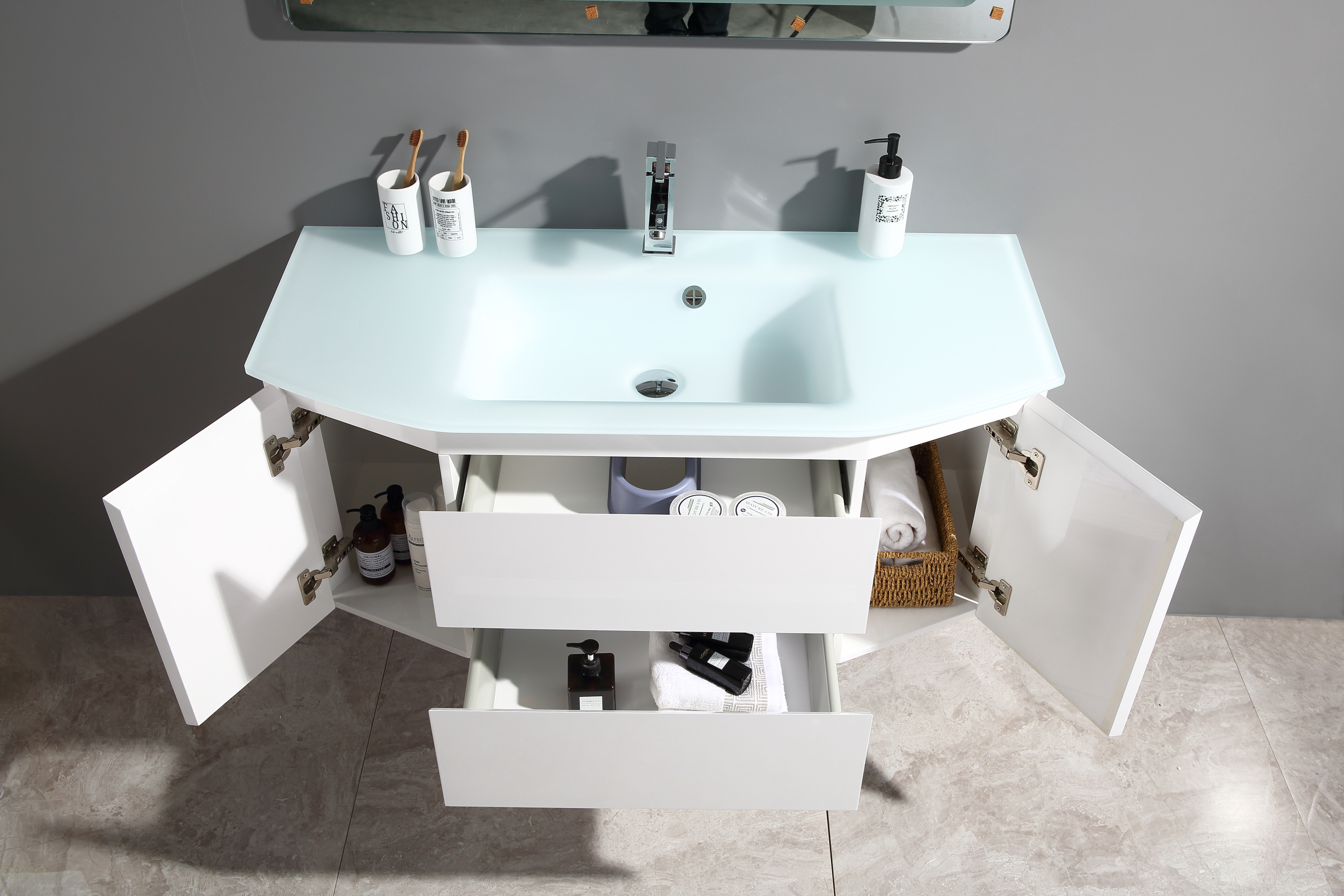 Mobile bagno sospeso con specchio LED lavabo in vetro