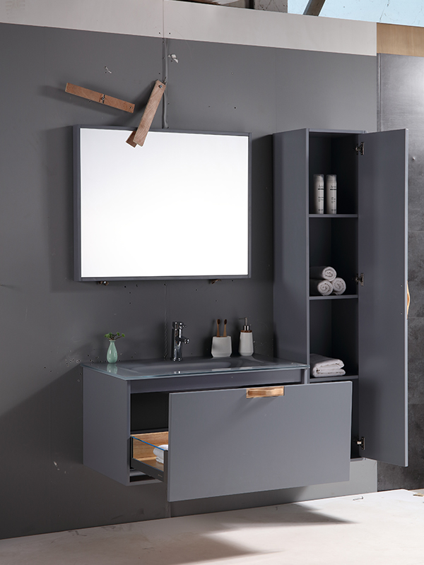 Set di mobili da bagno sospesi moderni ed eleganti con pannelli laterali a LED per cassetti