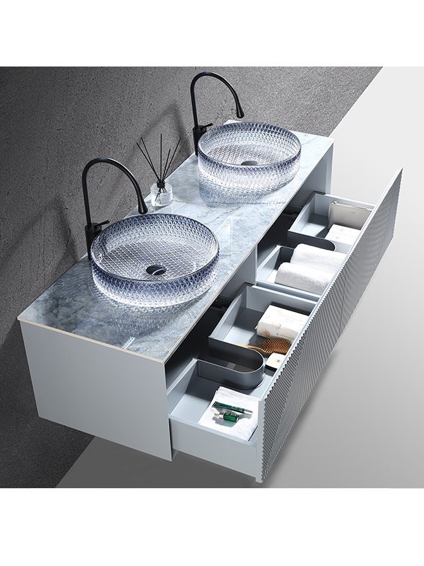 Montaggio a parete Motivo concavo-convesso Set da toeletta da bagno in stile moderno Mobile da bagno con doppi lavabi in vetro Crystal