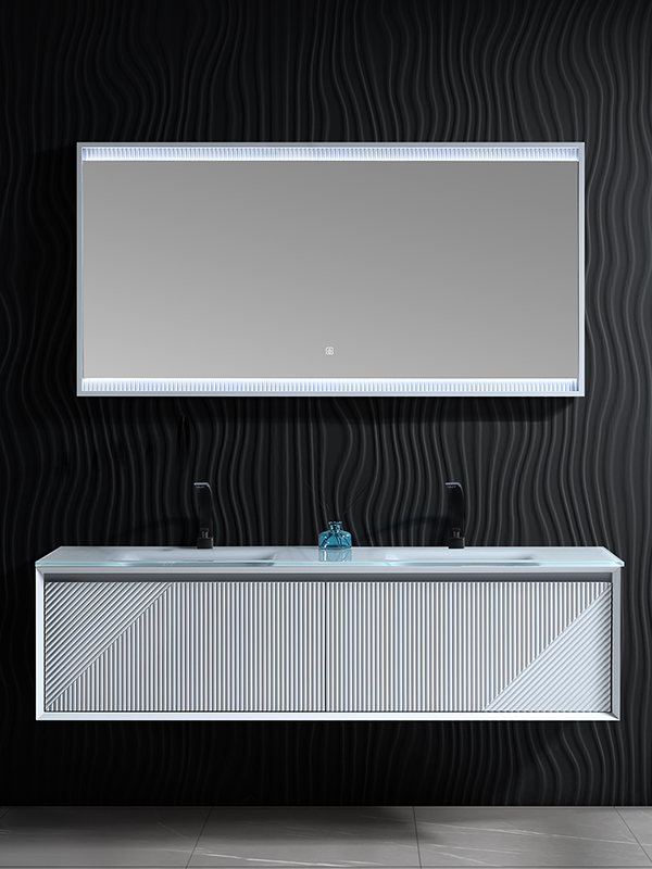 Grigio a parete Motivo concavo-convesso Set da toeletta da bagno in stile moderno Mobile da bagno con doppi lavabi in vetro e specchio a LED