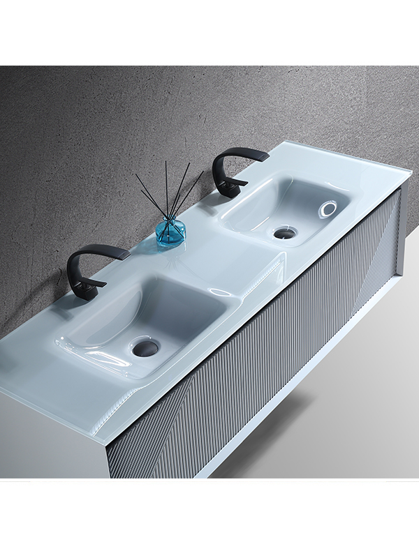 Grigio a parete Motivo concavo-convesso Set da toeletta da bagno in stile moderno Mobile da bagno con doppi lavabi in vetro e specchio a LED