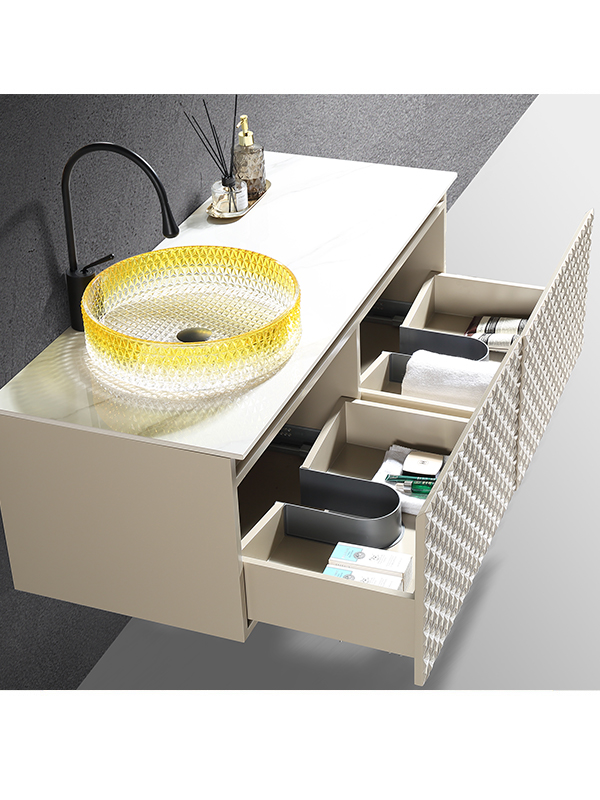 Mobiletto da bagno sospeso beige di fascia alta Mobile da bagno in legno di lusso Europa con lavabo in cristallo