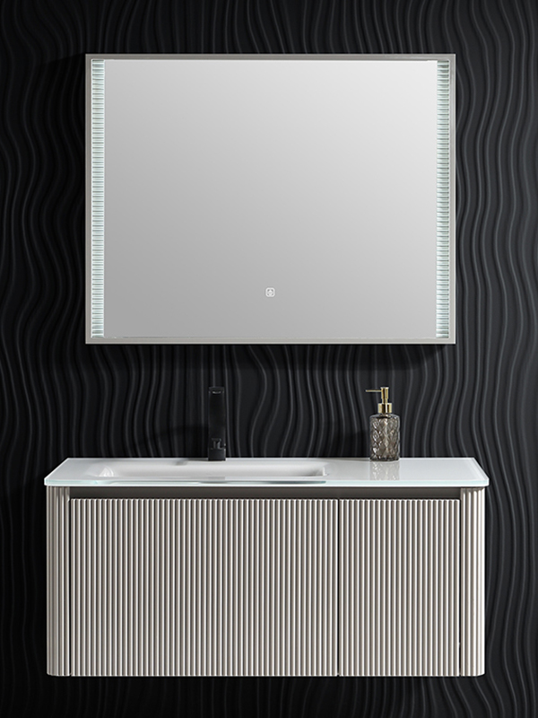 100 cm di lunghezza grigio caldo fissato al muro in stile moderno dipinto bagno vanity set mobiletto del bagno con lavabo in vetro e specchio a LED