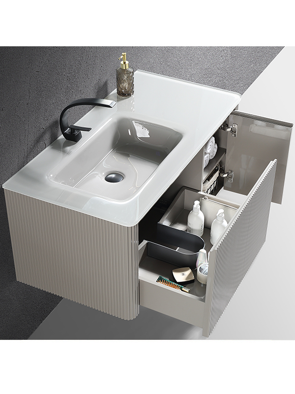 100 cm di lunghezza grigio caldo fissato al muro in stile moderno dipinto bagno vanity set mobiletto del bagno con lavabo in vetro e specchio a LED