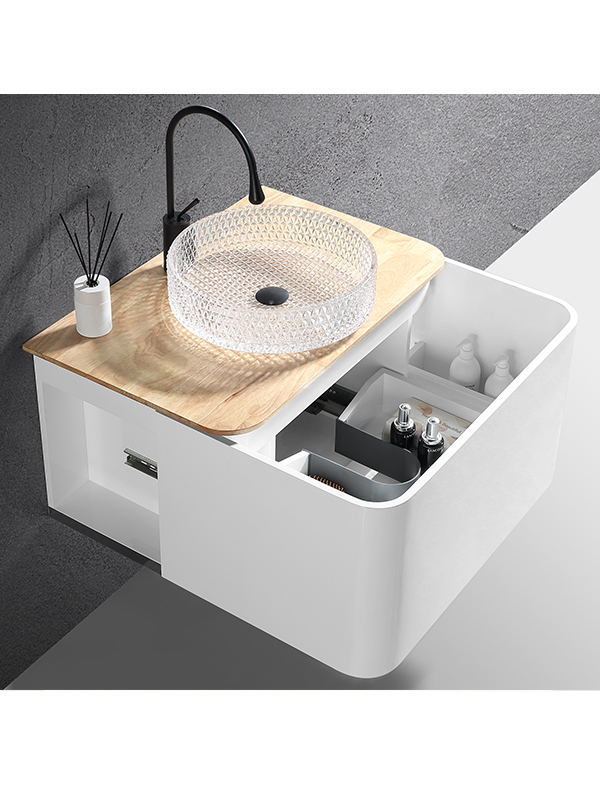 Impermeabile Nuovo stile Bagno Vanity set Mobile da bagno con lavabo in vetro trasparente Cristallo grigio trasparente con specchio Led