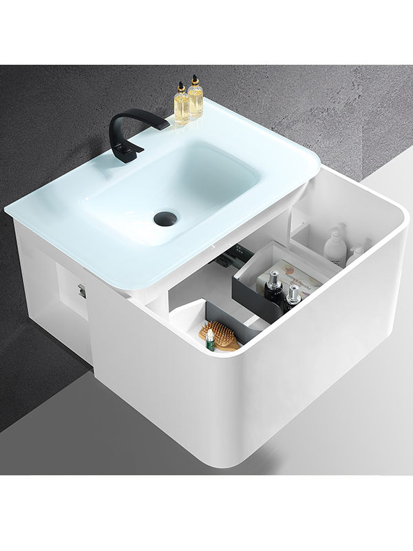 Impermeabile Nuovo stile Bagno Vanity set Mobile da bagno con lavabo in vetro trasparente Cristallo grigio trasparente con specchio Led